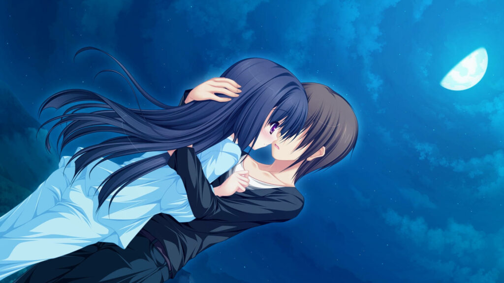 Moonlit Anime Love Embrace: A Romantic Background Photo Wallpaper