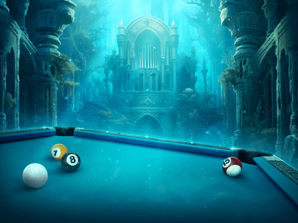 Underwater fantasy wallpaper with ancient temple and billiard balls on blue pool table