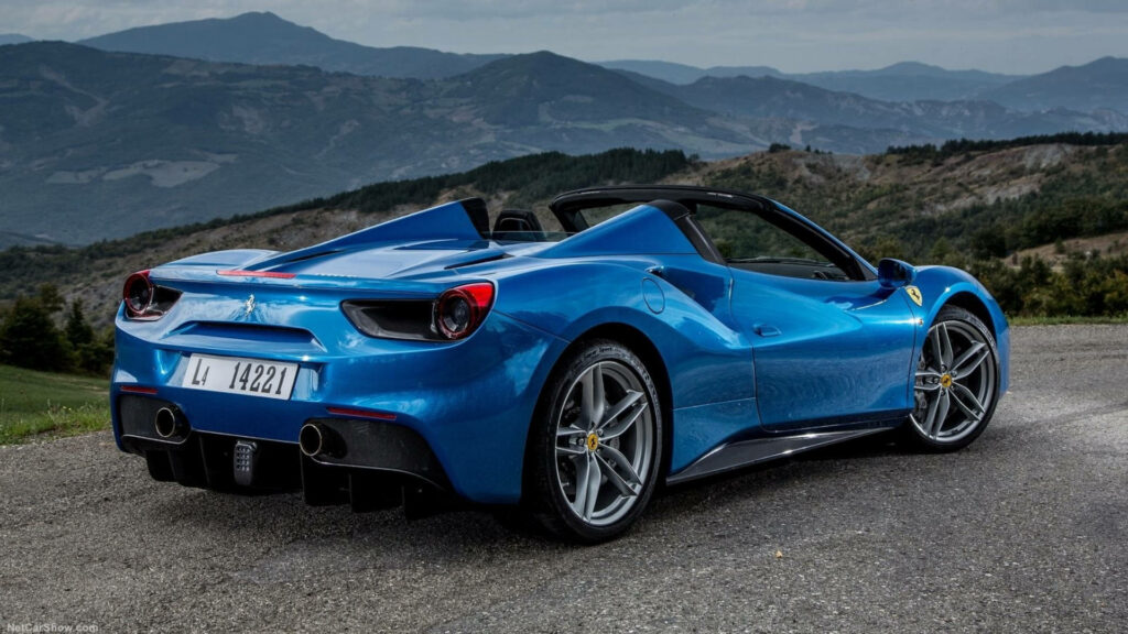 Top-Down Thrills: Blue 2016 Ferrari 488 Spider with Mountain Vista iPad Wallpaper