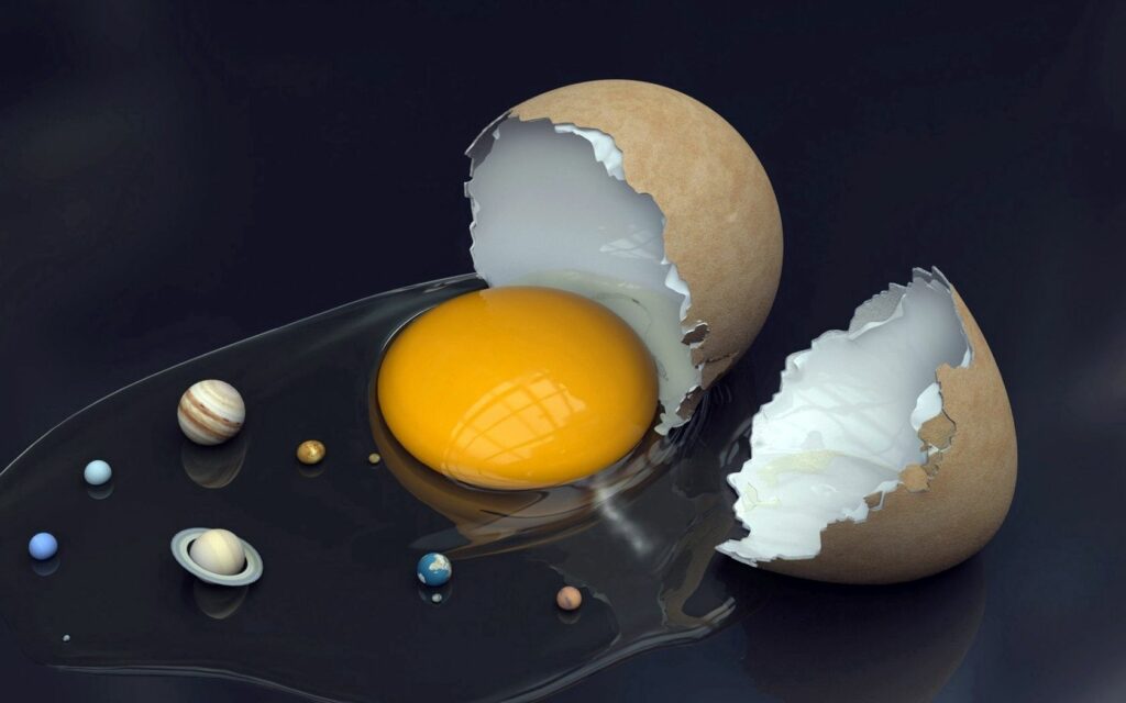 Cracked Eggshell Wallpaper: Yolk Sun with Cosmic Planet Design