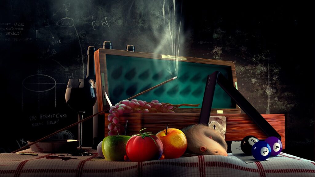 Eclectic Still-Life Wallpaper with Fruits & Billiards in Mystery Setting
