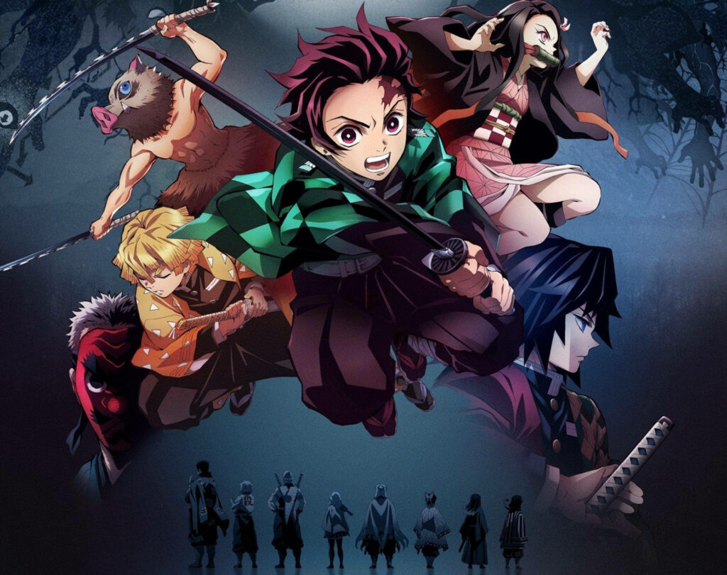 Demon Slayer Tanjiro Wall Art: Assemble of Hashira Members with Nezuko, Zenitsu, Inosuke, and Tomioka Front and Center as Wallpaper