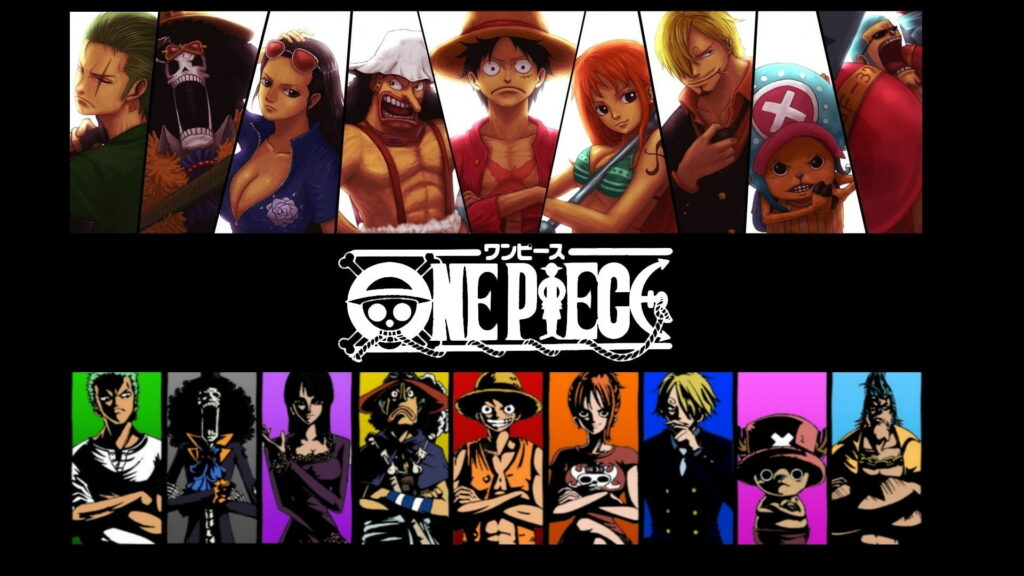 Legendary Crew of One Piece: Roronoa Zoro, Brook, Nico Robin, Usopp, Monkey D. Luffy, Nami, Sanji and Tony Tony Chopper - A Vibrant Background Photo Wallpaper