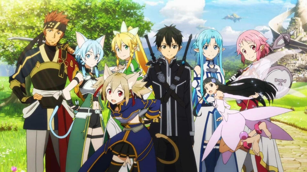 Sword Art Alliance: Anime Characters Stand United Before Path in 1920x1080 Wallpaper