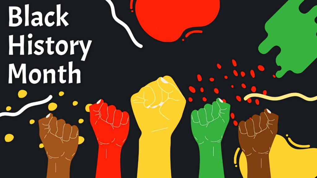 Raised fists of diverse skin tones on black background symbolizing unity and Black History Month Wallpaper