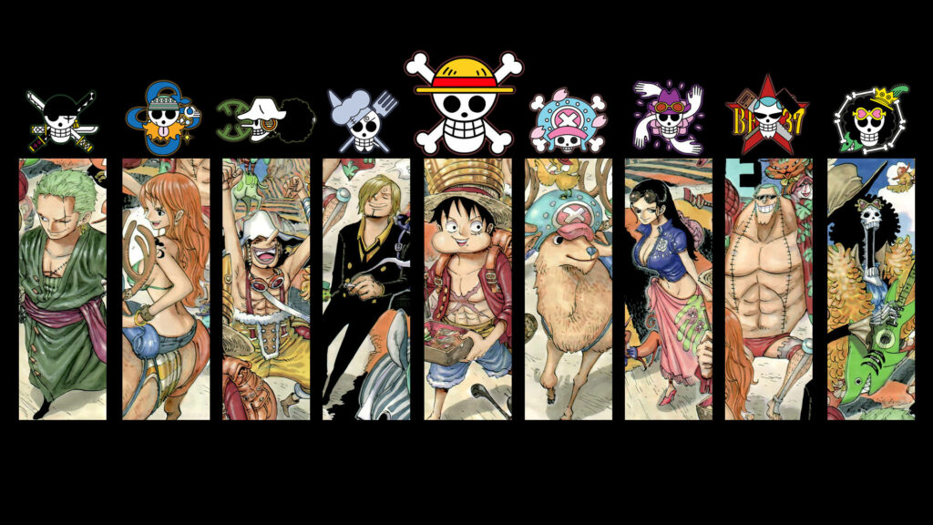 United Pirates: A Collage of One Piece Characters with Signature Skull Logos on Desktop Wallpaper