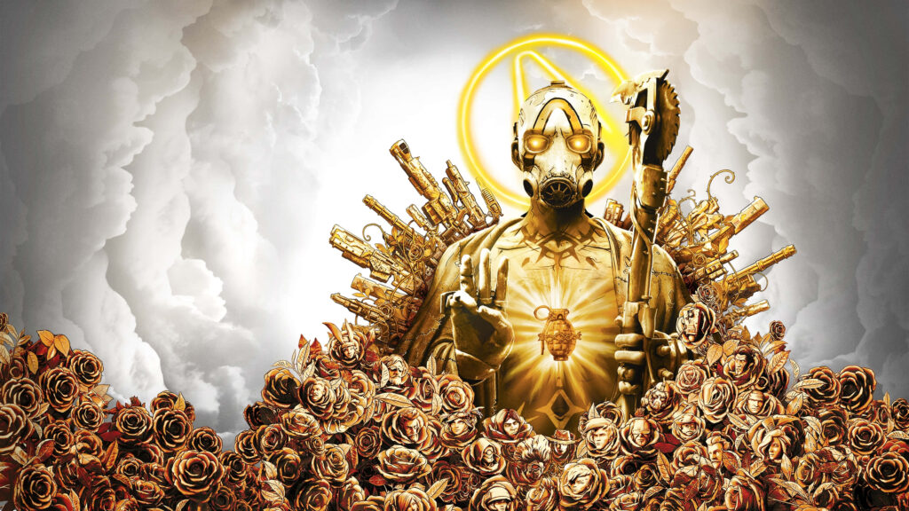 Exciting Borderlands 3 Wallpaper: Calypso Twin in Golden Armor Amid Red Roses and Clouds