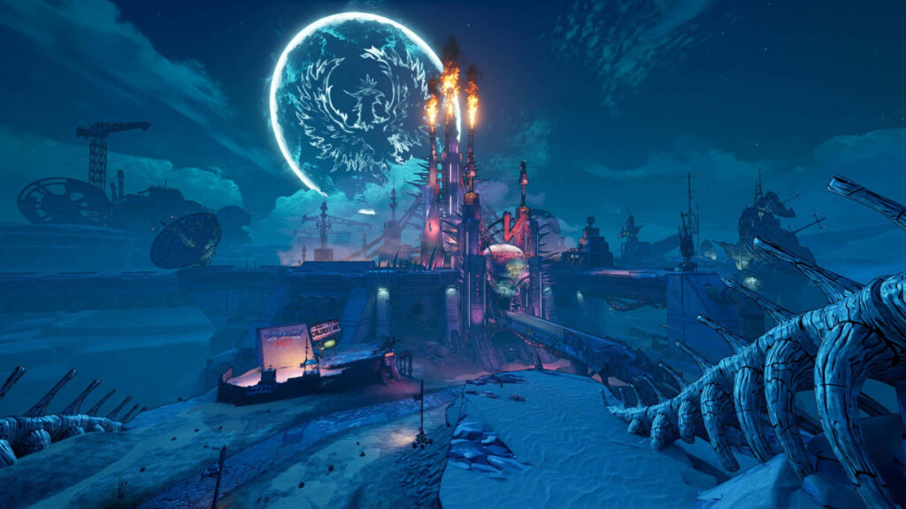 Borderlands 3 Wallpaper: Futuristic Nighttime Landscape with Moon and Industrial Structure