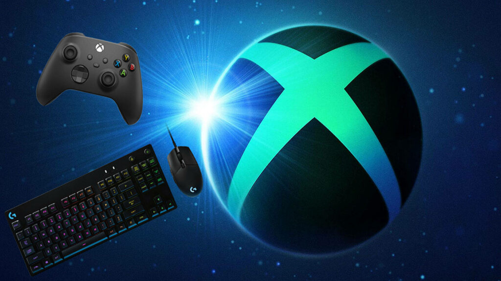 Xbox Controller, Keyboard and Logo on a Blue Abstract Background Wallpaper