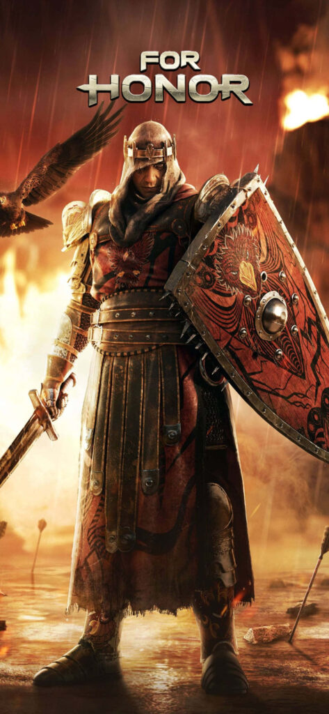 For Honor Warrior: Detailed Armor, Fearsome Shield, Ready for Combat - Game Logo Displayed in Stormy Sky Wallpaper