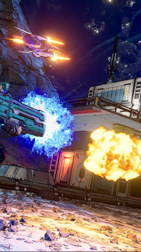 Borderlands 3 Full of Action: Explosive Battle Under Alien Sky Wallpaper