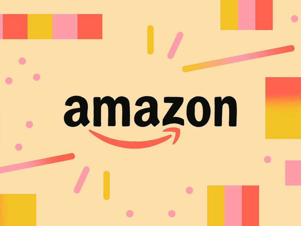 Amazon logo wallpaper on vibrant yellow background with colorful shapes