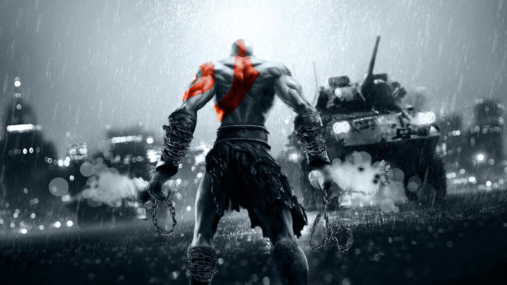 Kratos from God of War Stands Confidently in Stormy Scene: Powerful and Brooding Presence Displayed Wallpaper