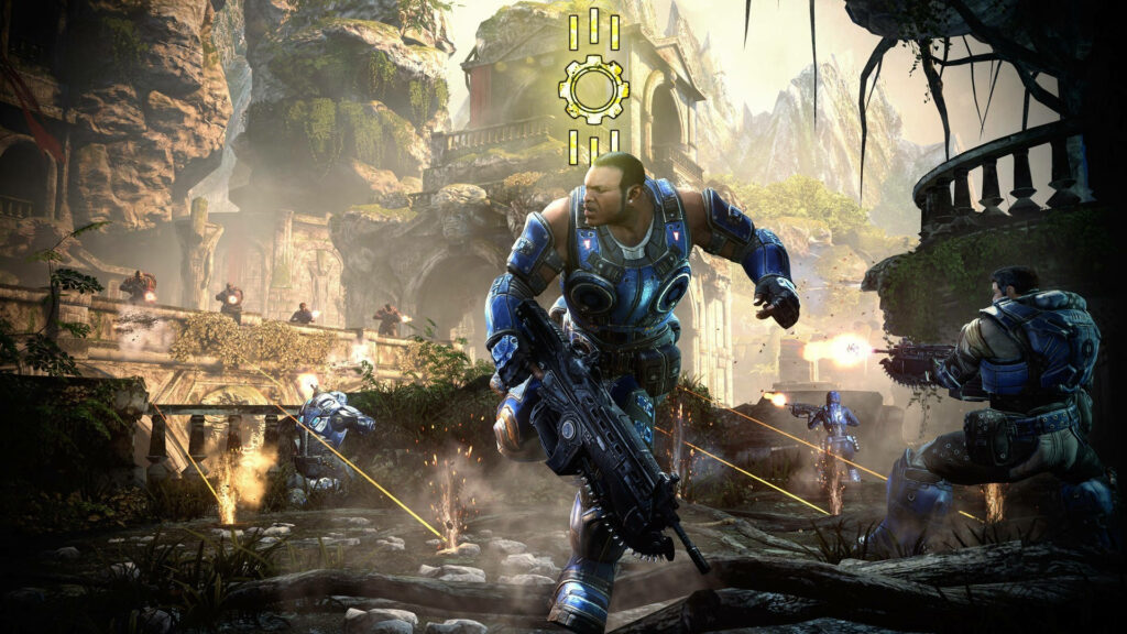Gears of War 5: Intense Combat Scene with Armored Soldiers and Futuristic Weapons Wallpaper