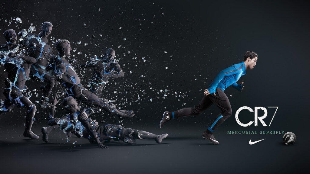 Cristiano Ronaldo sprinting past shattering stone silhouettes in Nike Mercurial Superfly CGI wallpaper