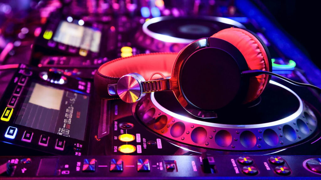 Beats and Controllers: A Red-Dominant Music Studio Wallpaper