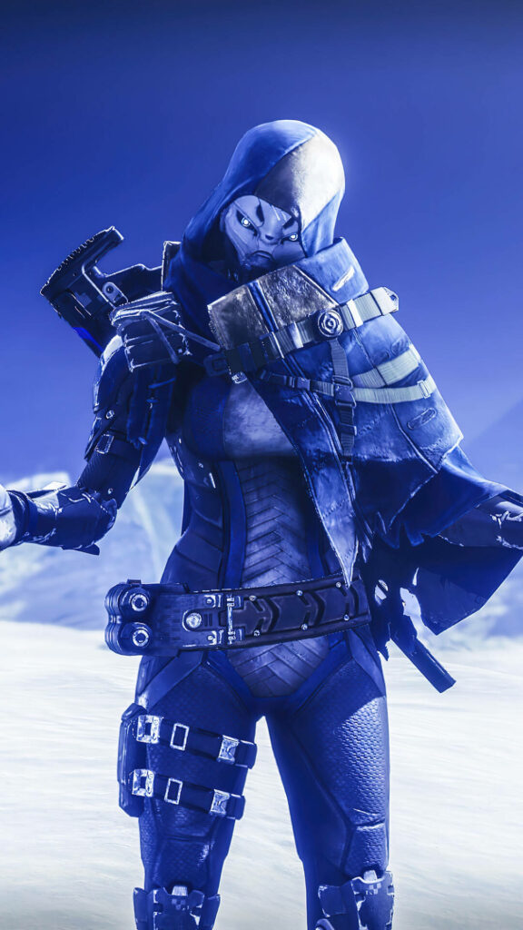 Exo Stranger in Blue Armor Stands Ready in Snowy Landscape - Destiny Character Art Wallpaper