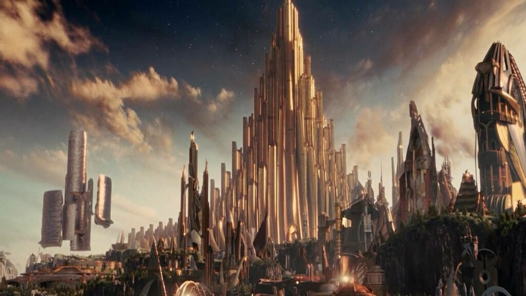 Asgard golden palace Marvel CGI wallpaper Thor fantasy celestial Zoom background
