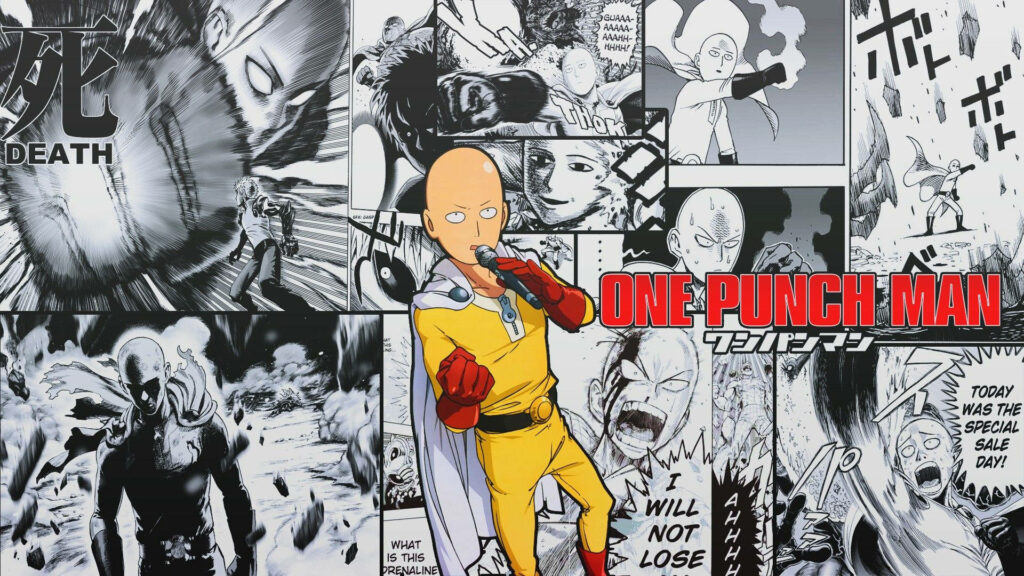 Dynamic One Punch Man Wallpaper Collage - Saitama in Signature Suit - Action-Packed Manga Scenes - Bold Red Title Highlighted
