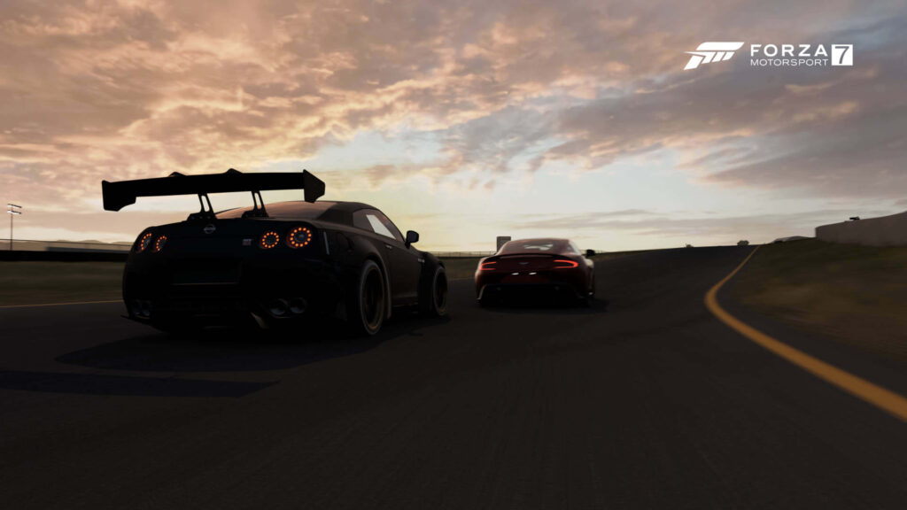Forza Motorsport 7 High-Performance Cars Racing at Sunset Wallpaper