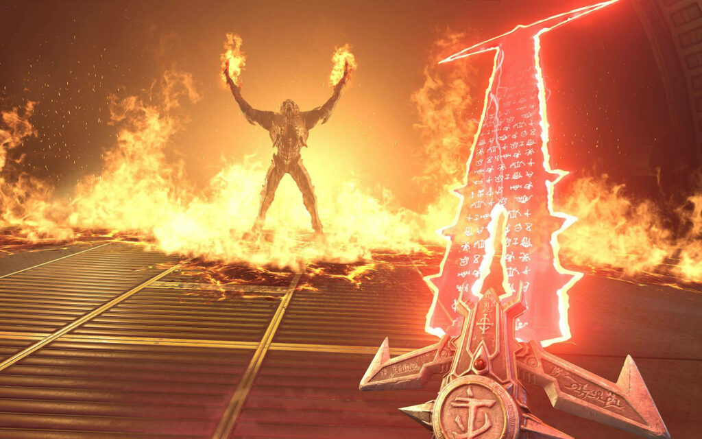 Unleash the Power of the Crucible Blade: Fight Hell on Earth in DOOM Eternal Wallpaper
