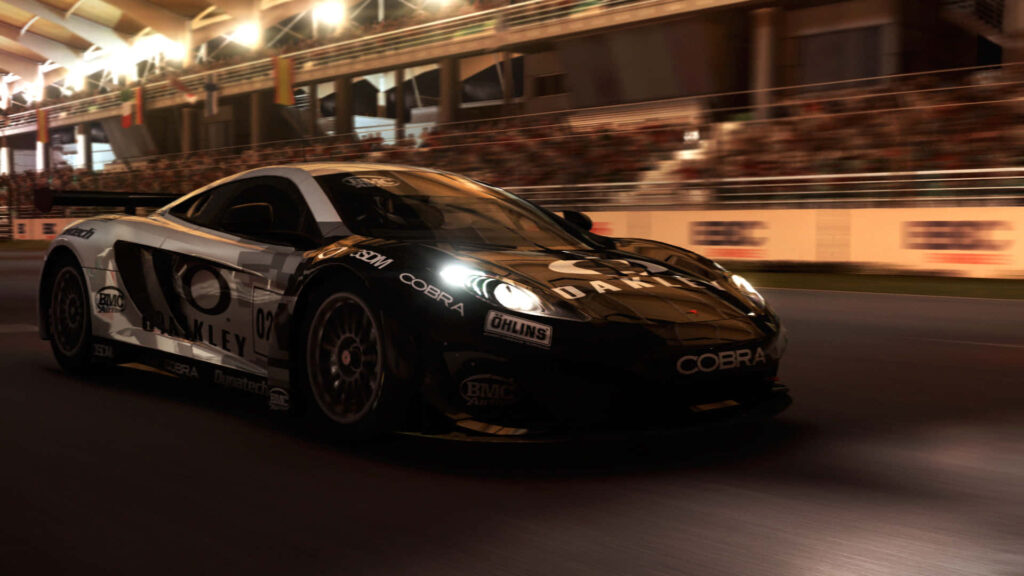 Exciting black race car speeding on track at dusk in Grid Autosport game Wallpaper