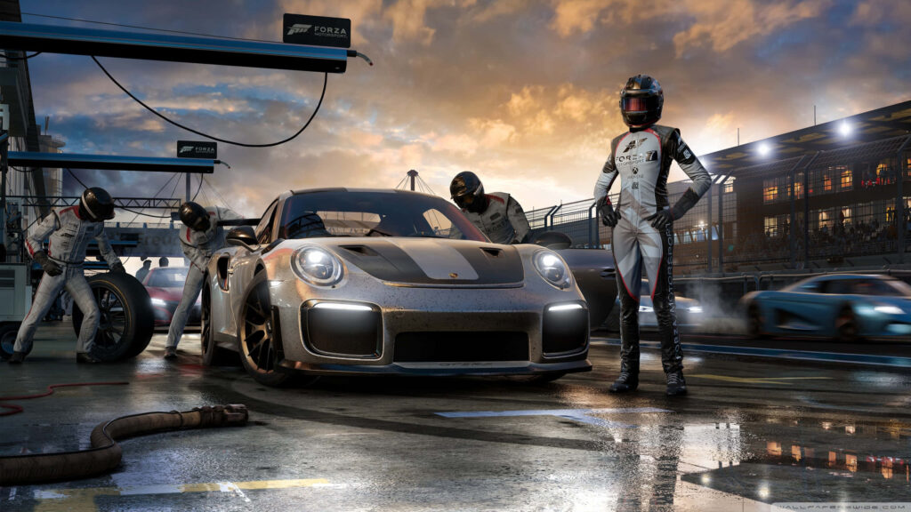 Forza Motorsport 7 Wallpaper: Porsche Pit Stop with Racing Team in Action