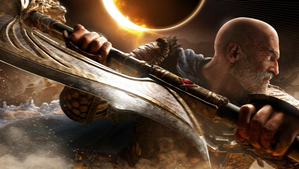 Intense Warrior Grip: Epic Battlefield Scene with Dramatic Armor and Weapon on Action-Packed Background Wallpaper