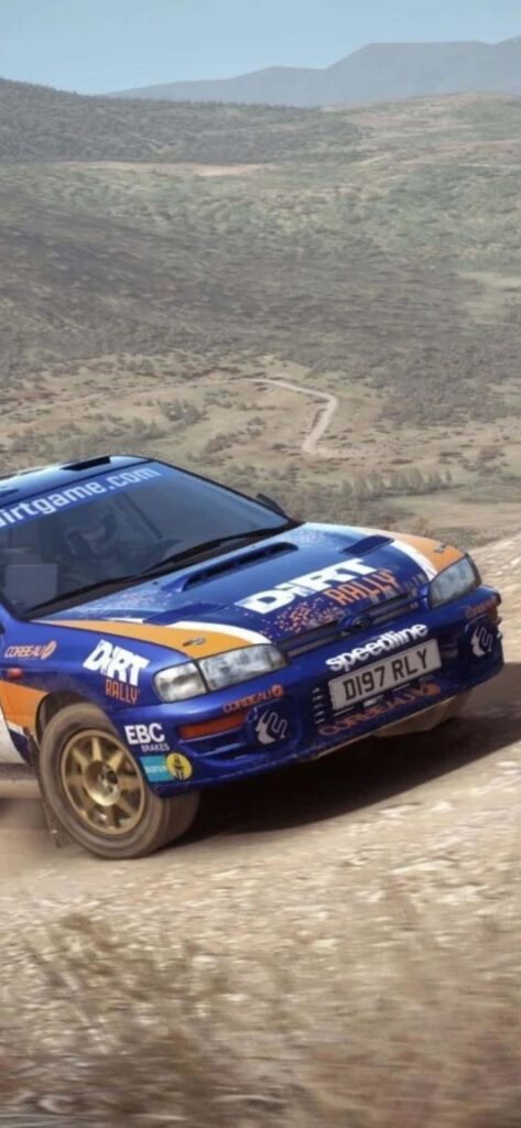 Blue rally car speeding on dirt track in action shot for high-octane dirt rally wallpaper