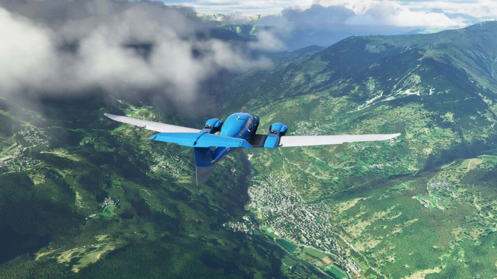 Microsoft Flight Simulator: Stunning Blue Aircraft Flying Over Green Landscape Wallpaper
