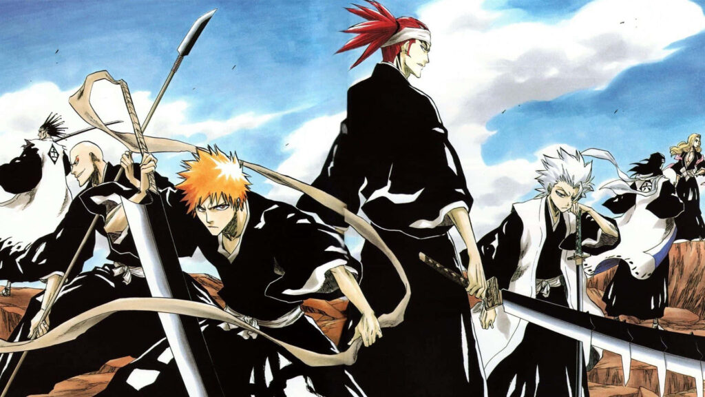 The Epic Clash: A Bleach Battle Scene PC Wallpaper with Protagonists in Fighting Pose