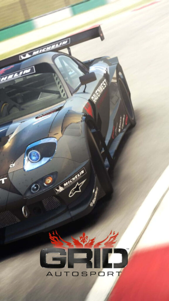 Intense close-up racing car wallpaper from Grid Autosport - high-speed motorsport graphics displayed with logo.