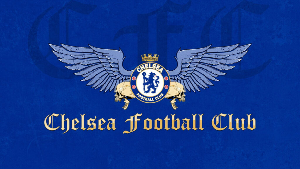 Chelsea Flight: An Artistic Wallpaper Featuring the Iconic Logo with Wings and Skulls in Blue