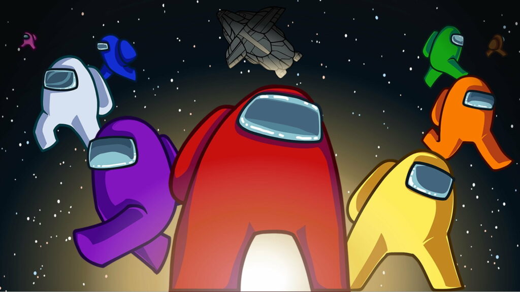 Among Us wallpaper with red crewmate and colorful teammates in starry deep space background