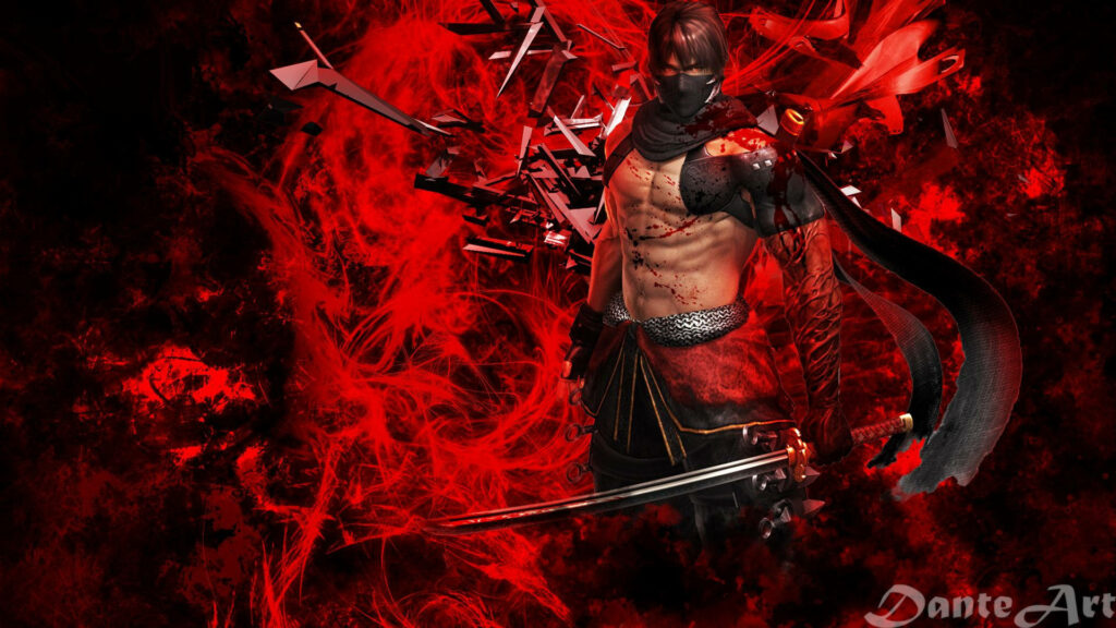 Crimson Shadows: Red Ninja Gaiden Assassin Takes on the Masked Boss in Stunning Graphic Art Wallpaper