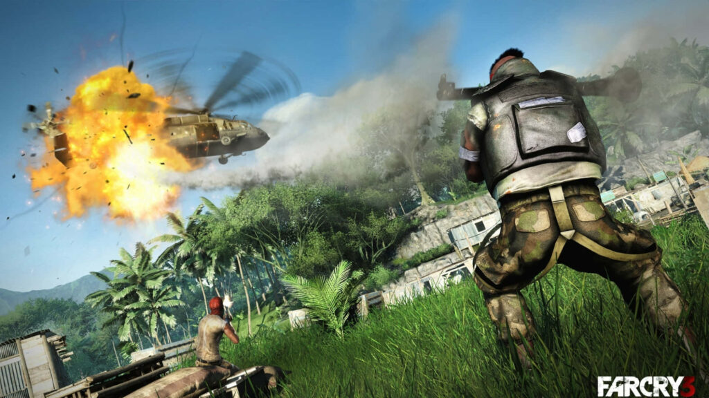Far Cry 3 Action Scene with Rocket Launcher and Helicopter Explosion in Tropical Setting Wallpaper