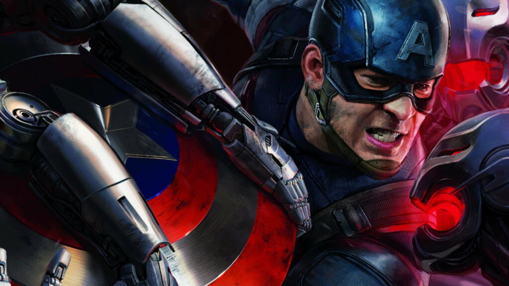 Dynamic Captain America Wallpaper: Superhero in Action Pose with Shield in Combat Background