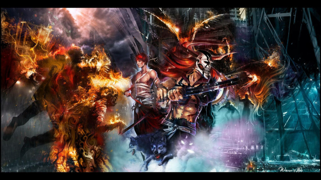 Vivid Bleach Anime Fan Art Wallpaper with Intense Battle Action and Elemental Effects