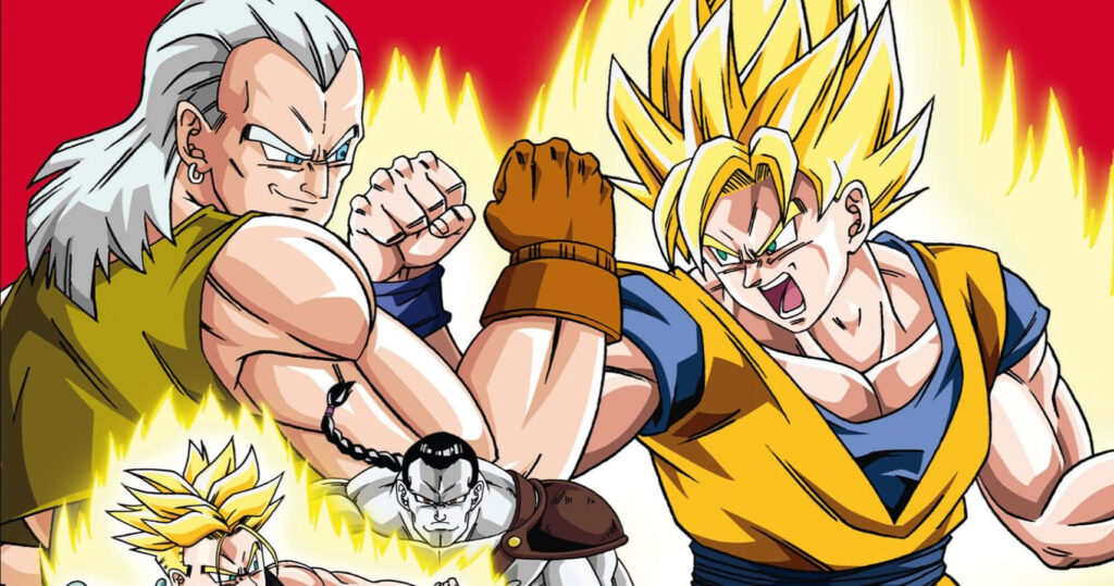Unleash the Power: Legendary Heroes Goku, Gohan, Vegeta, and Trunks Embark on Epic Dragon Ball Series Movies! Wallpaper