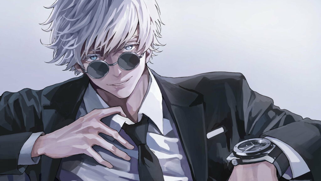 Stylish Silver-Haired Character Satoru Gojo in Sunglasses, Casual Cool Pose with Wristwatch Wallpaper
