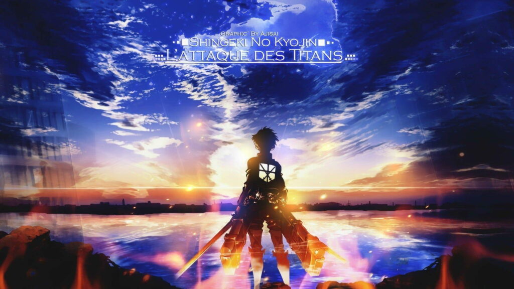 Eren Yeager Silhouette at Sunrise - Attack on Titan Wallpaper - Japanese & French Title - Dramatic Scene Capture