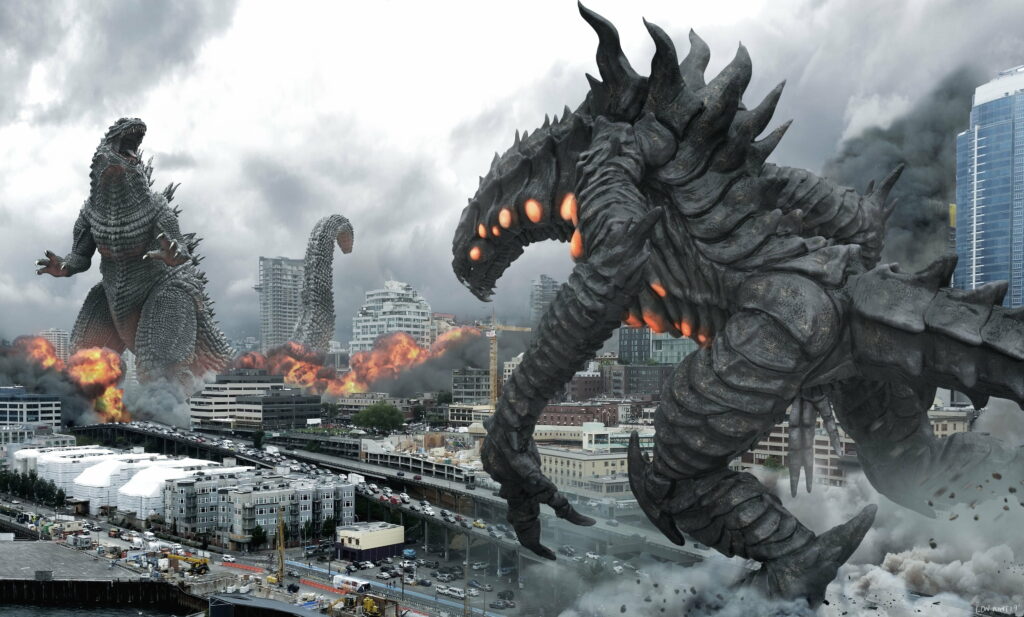 Epic 4K CGI wallpaper of Godzilla battling glowing-eyed kaiju in crumbling cityscape chaos