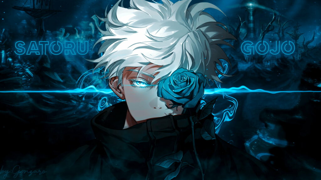 Jujutsu Kaisen's Satoru Gojo: The Enigmatic Sorcerer with Striking Blue Eyes and White Hair in HD Wallpaper Backdrop