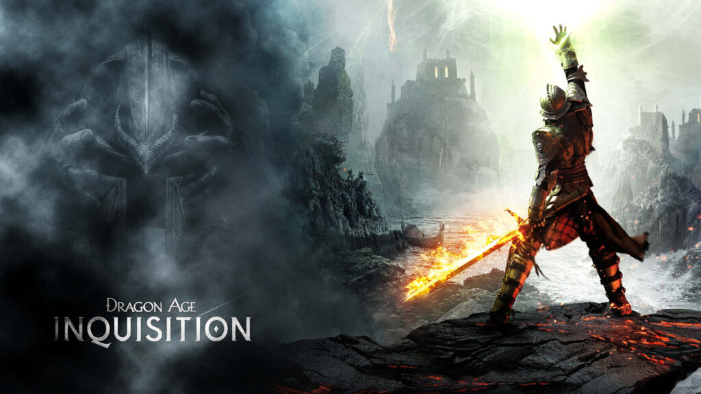 Dragon Age: Inquisition Wallpaper Featuring Armored Figure and Glowing Sword in Dark Fantasy Landscape