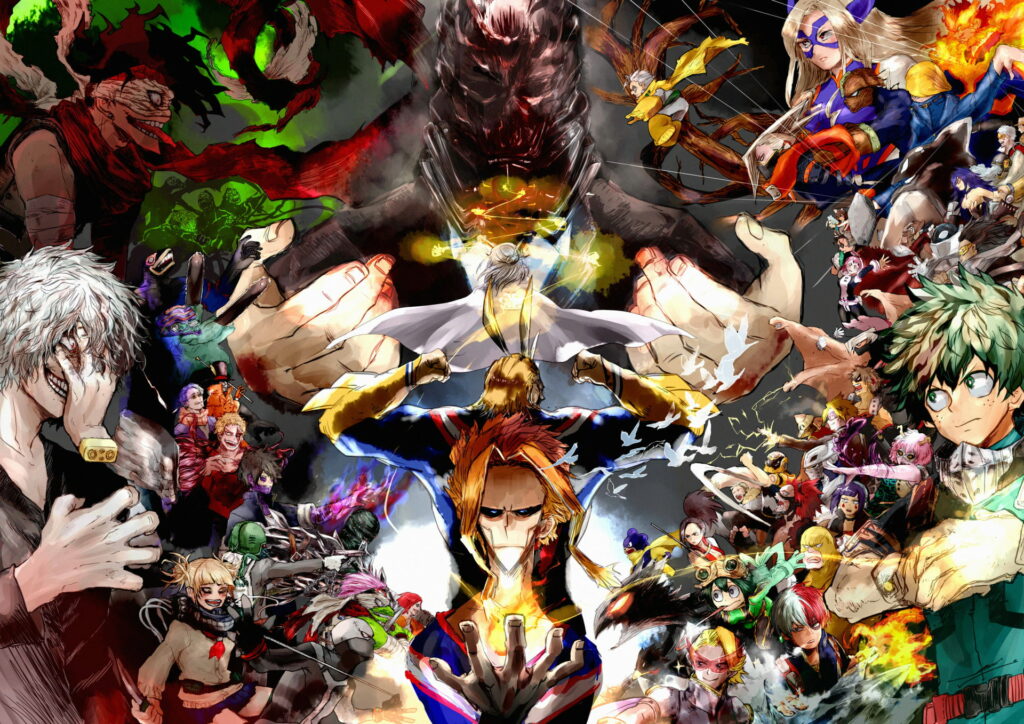 My Hero Academia wallpaper All Might versus All For One with heroes and villains vibrant anime art