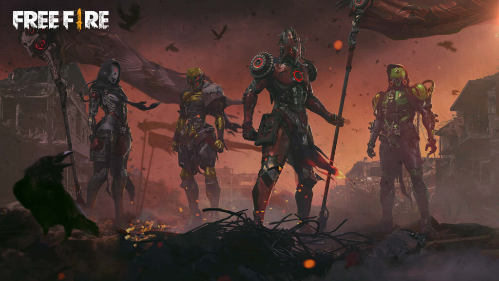 Garena Free Fire Rampage wallpaper four armored warriors red lighting post apocalyptic battle