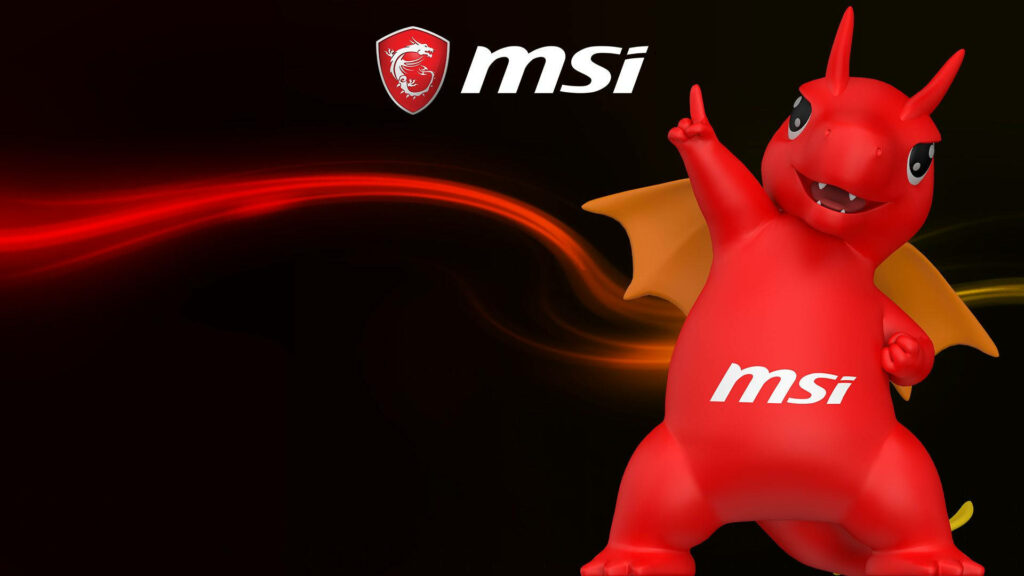 MSI Red Dragon Mascot Playfully Pointing Upwards on Fiery Background - Vibrant Energy Display with Logo Wallpaper