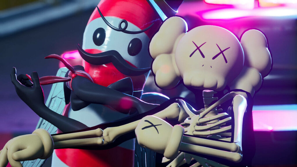 KAWS Skeleton & Blue Mustache Character: The Ultimate Fortnite Wallpaper