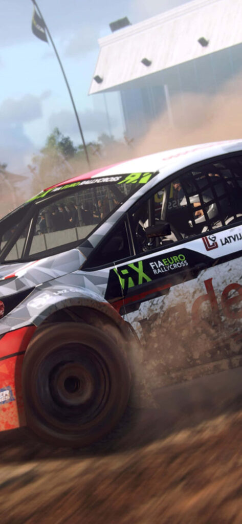 High-speed rally car racing through dusty dirt track - off-road adrenaline background Wallpaper