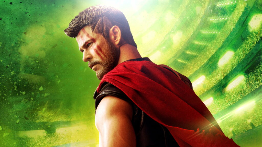 Chris Hemsworth as Thor Ragnarok with red war paint and cape in vibrant green arena background Wallpaper